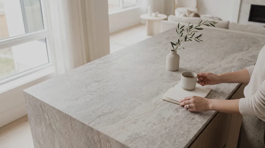 A natural stone kitchen island with a vase of olive branches