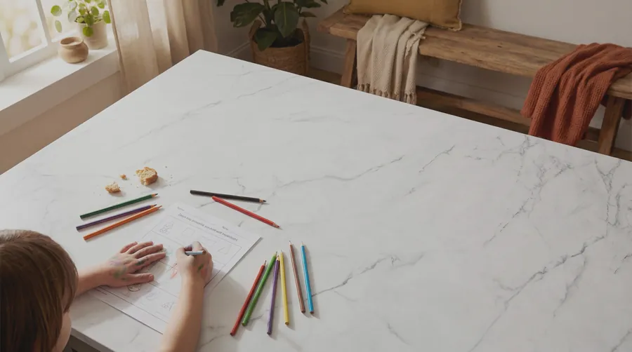 A bright white engineered quartz kitchen island