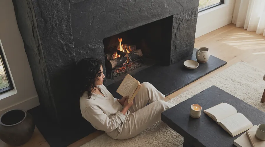 A dark ultracompact stone fireplace surround in a sunlit room